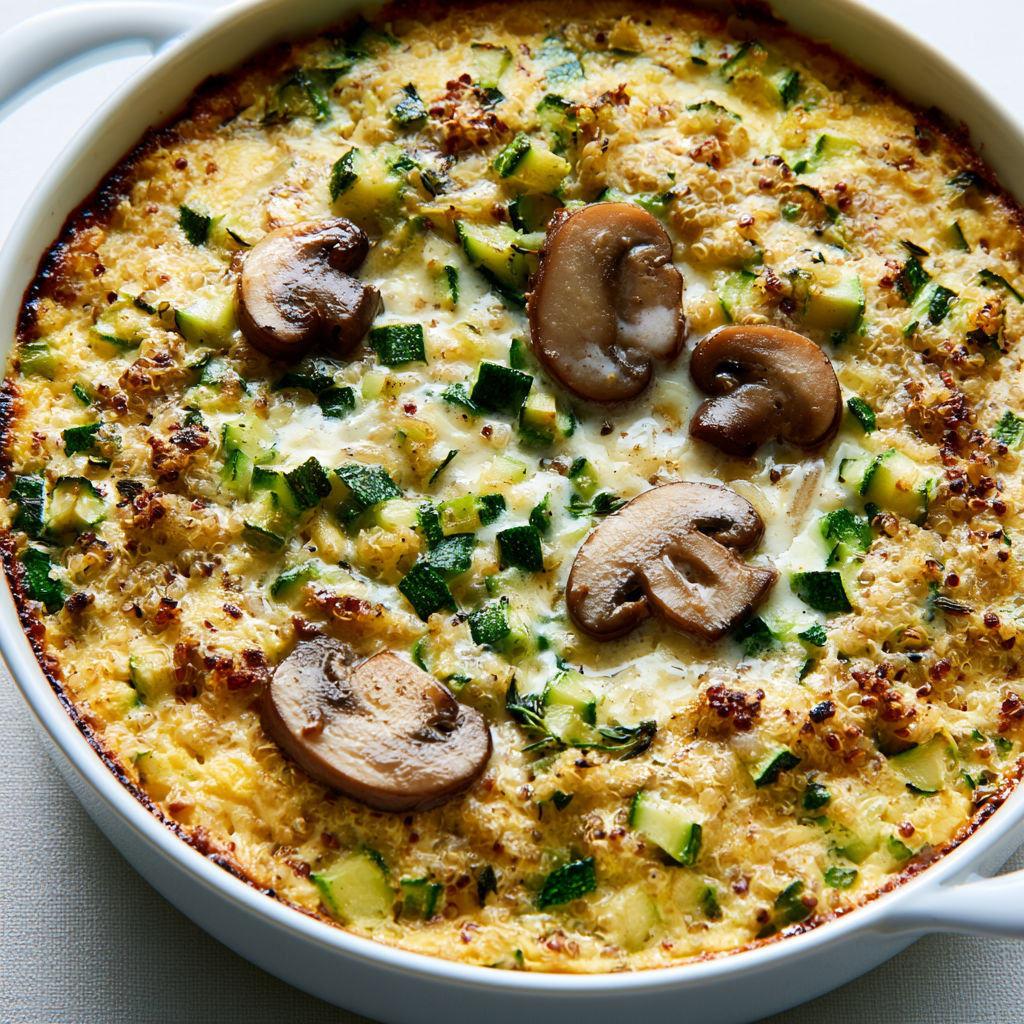 Gratin Moelleux de Quinoa aux Courgettes Fondantes et Champignons de Paris.