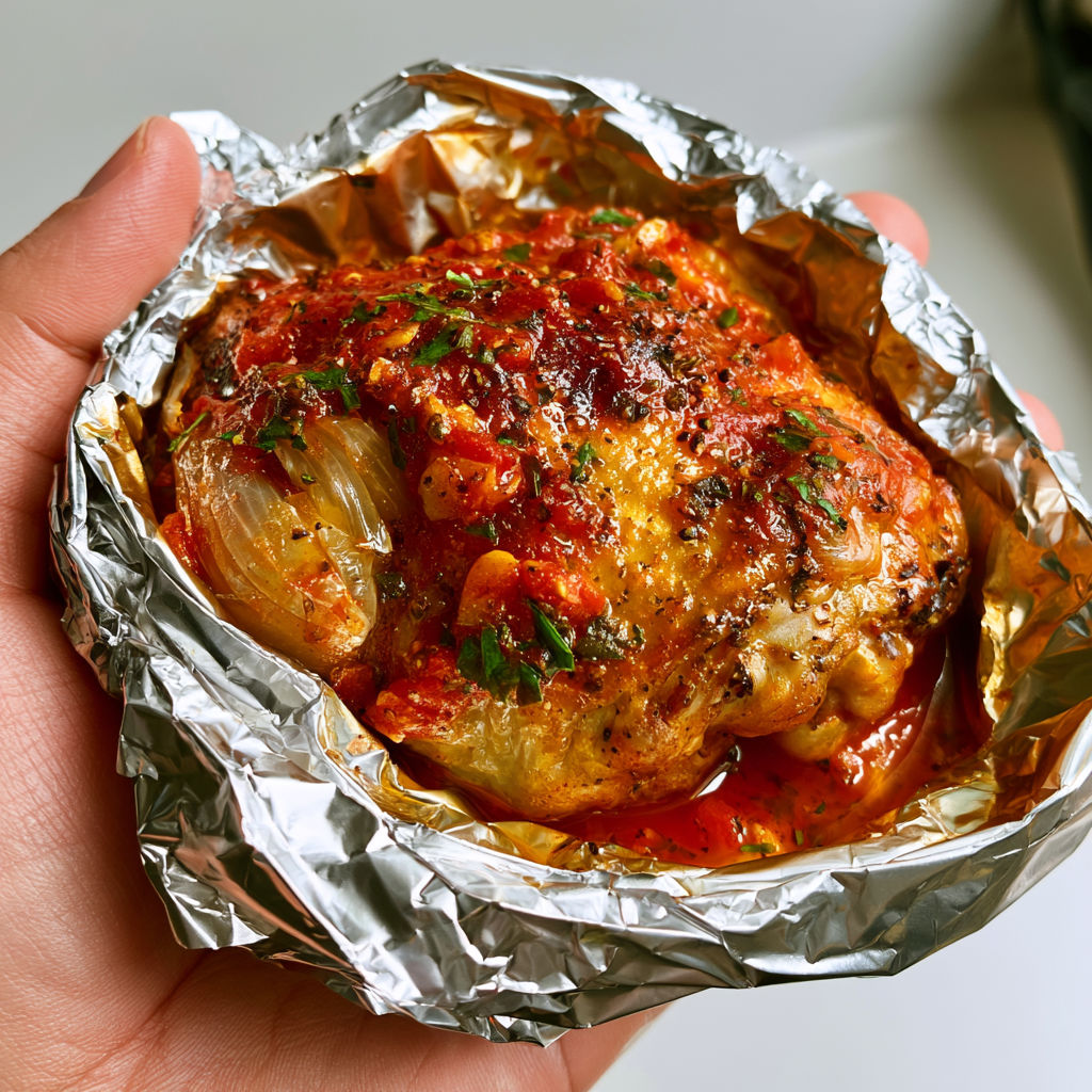 Cuisses de Poulet en Papillote à la Tomate, Ail, Oignons et Herbes de Provence.