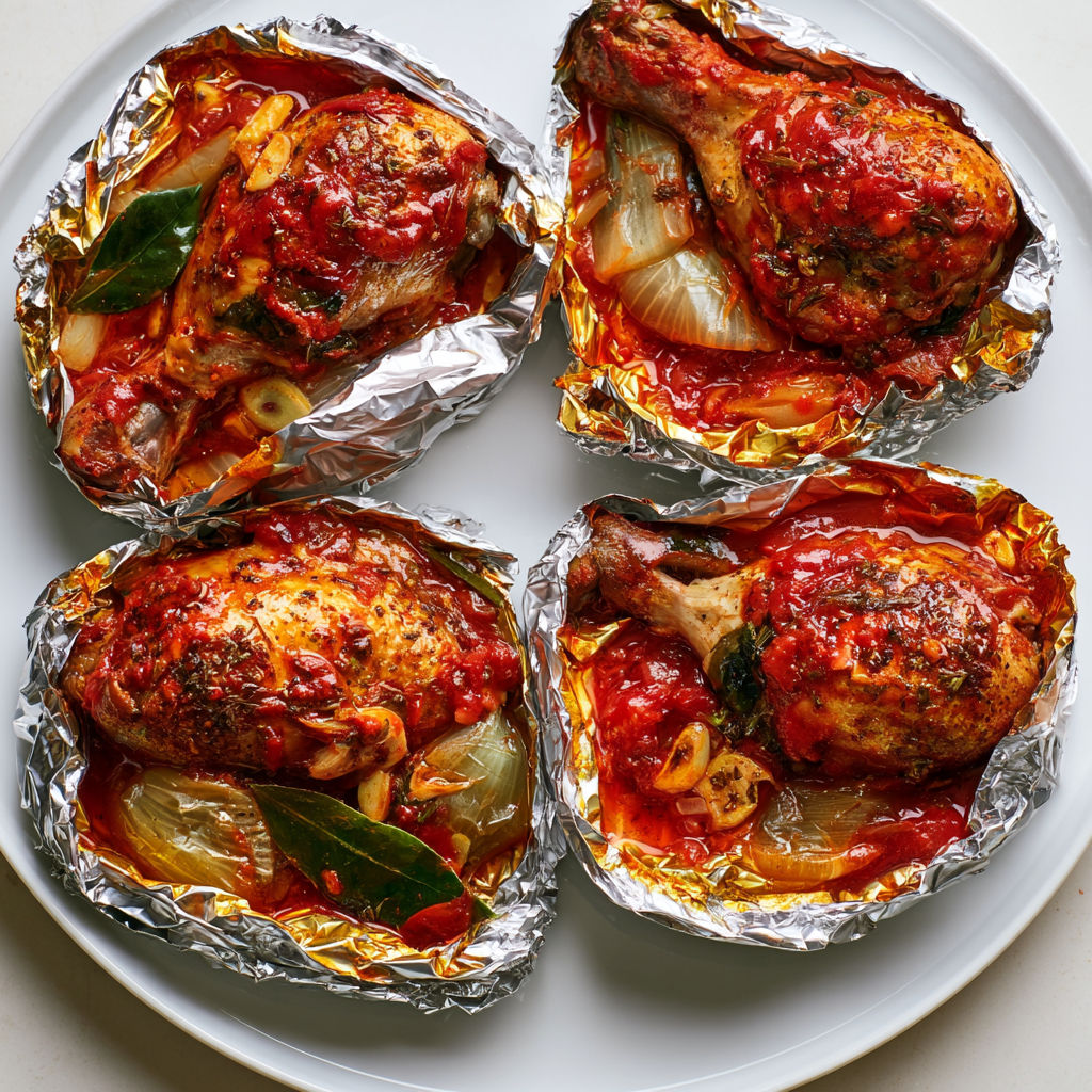 Poulet en Papillote Sauce Tomate, Laurier et Herbes de Provence, Ultra Fondant.
