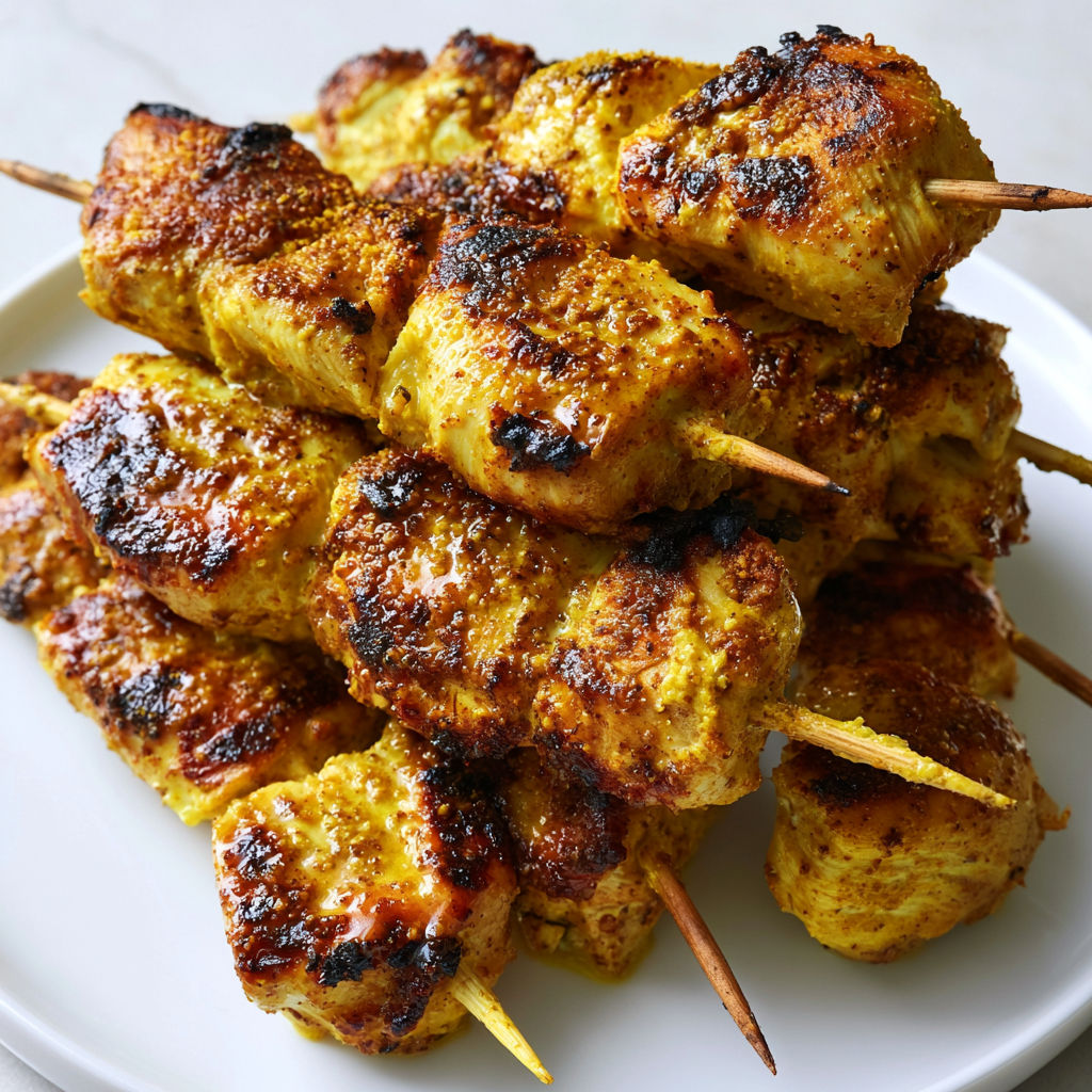 Brochettes de poulet express aux épices sur un plateau.