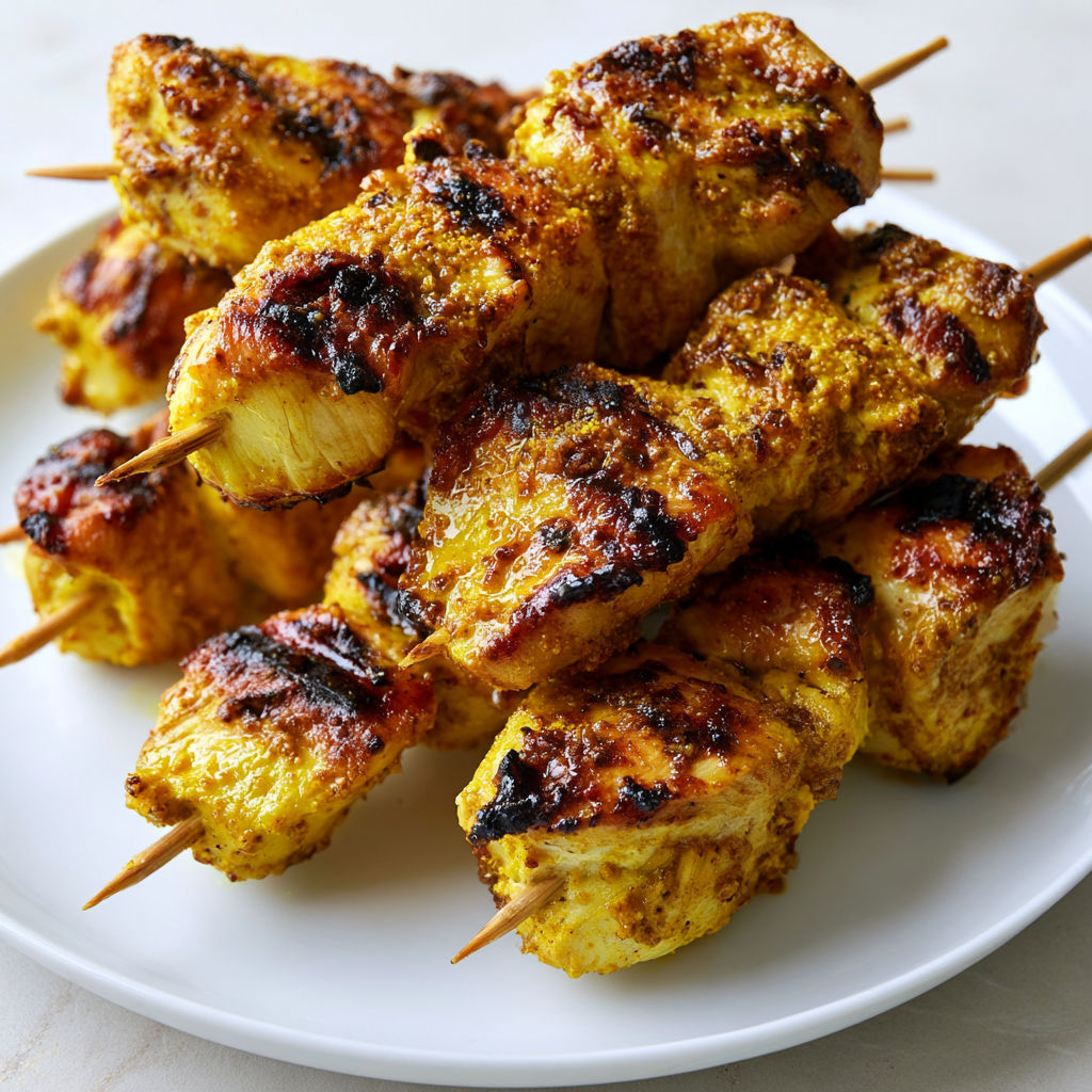Brochettes de Poulet Marinées au Miel, Curry et Cumin, Dorées à la Poêle.