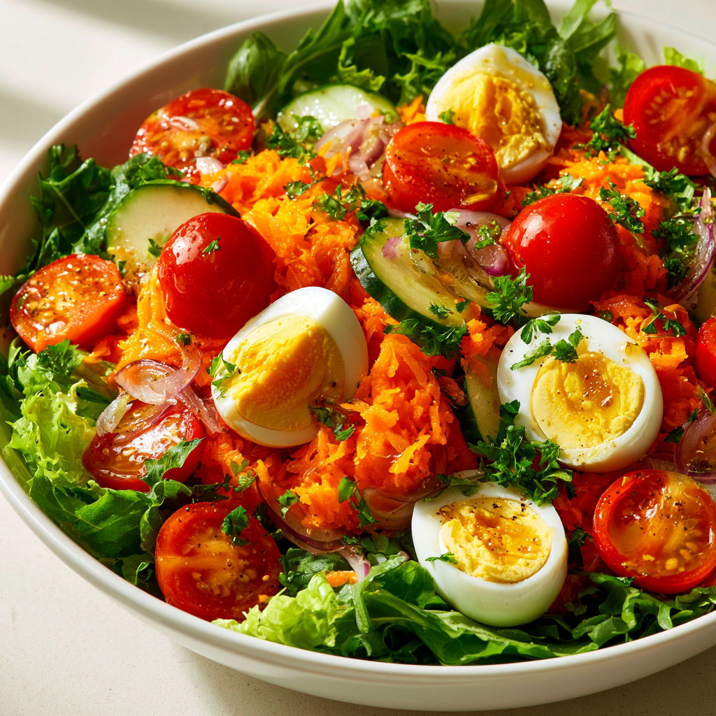 Une salade de carottes et d'œufs durs, accompagnée de tomates, de cucumbers et de parsley.