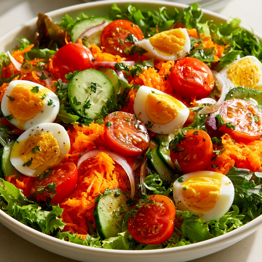 Salade Fraîche aux Carottes Râpées, Œufs Durs, Concombre et Tomates Cerises.