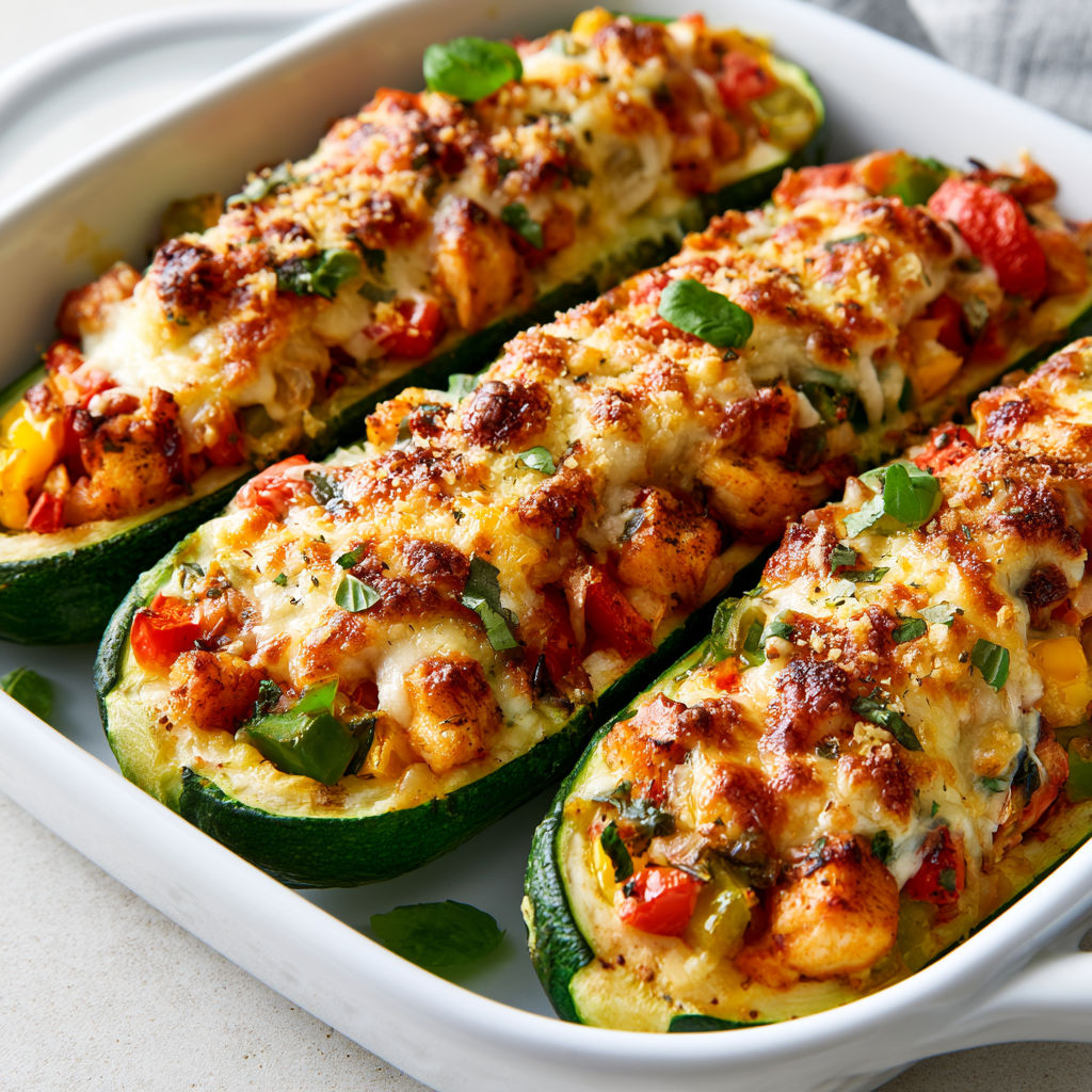 Courgettes Farcies au Poulet, Poivrons Fondants et Fromage Gratiné
