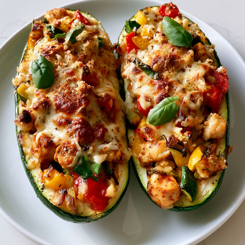 Courgettes Gratinées Farcies au Poulet, Tomates, Poivrons et Fromage
