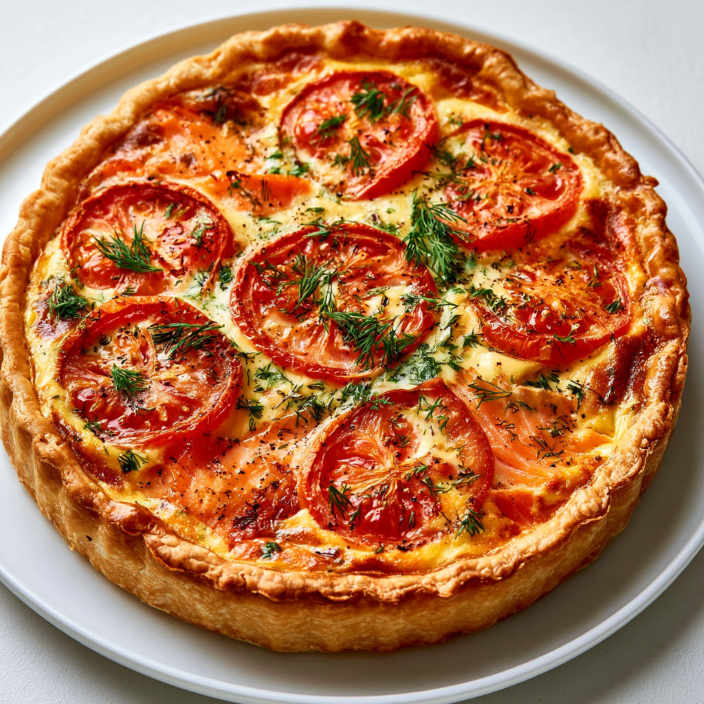 Une tarte au saumon fumé est servie sur un plateau.