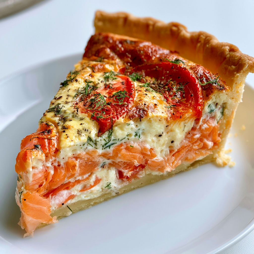 Tarte au Saumon Fumé, Tomates Fondantes et Crème à l’Aneth.
