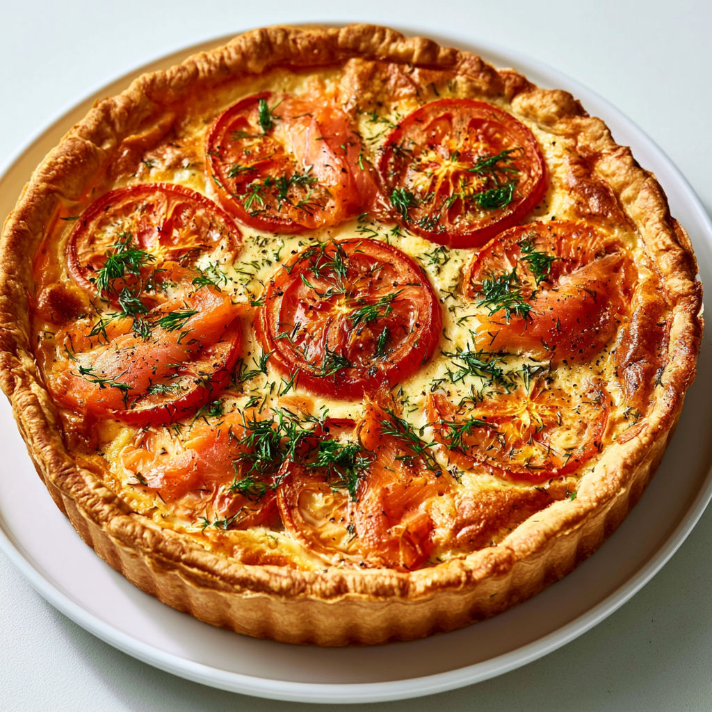 Tarte Gourmande au Saumon Fumé, Tomates et Appareil Crémeux à l’Aneth.