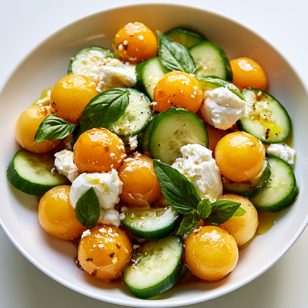 Une salade de melon, concombre et fromage de chèvre, .