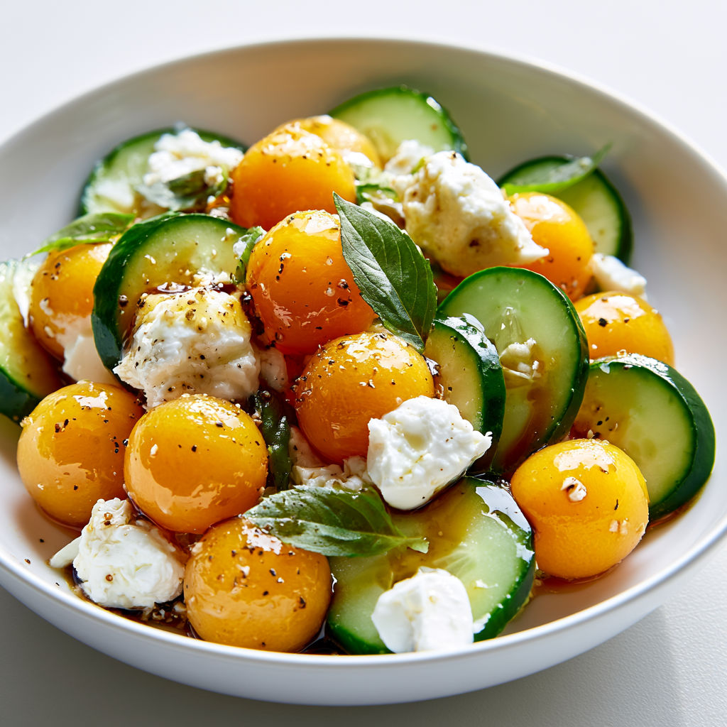 Salade Fraîche de Melon, Concombre et Chèvre, Vinaigrette au Miel.