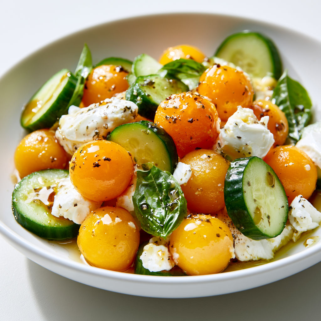 Salade Estivale au Melon, Lamelles de Concombre et Crottin de Chavignol.