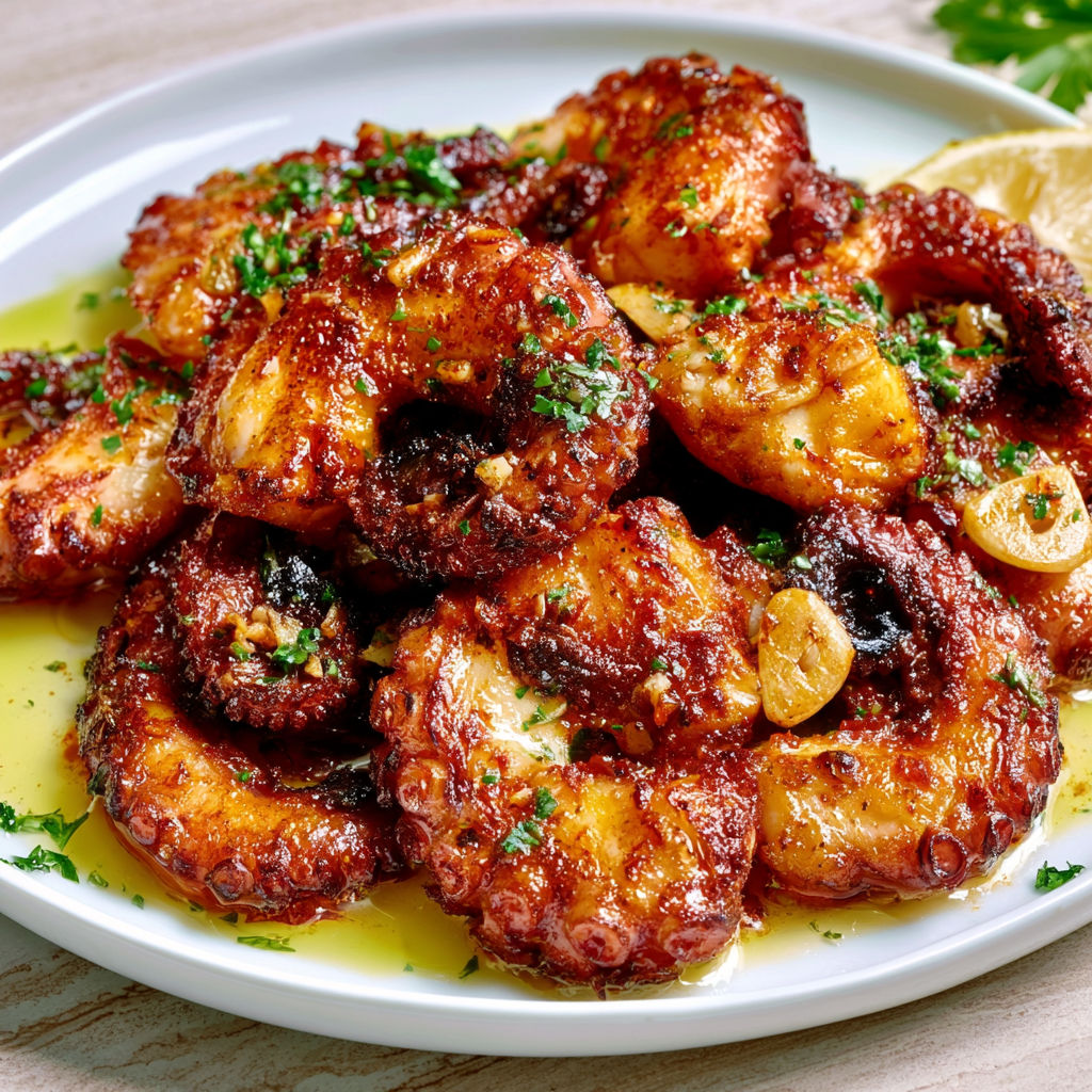 Poulpe Sauté à l’Ail, Paprika Fumé et Épices, Doré à la Poêle.