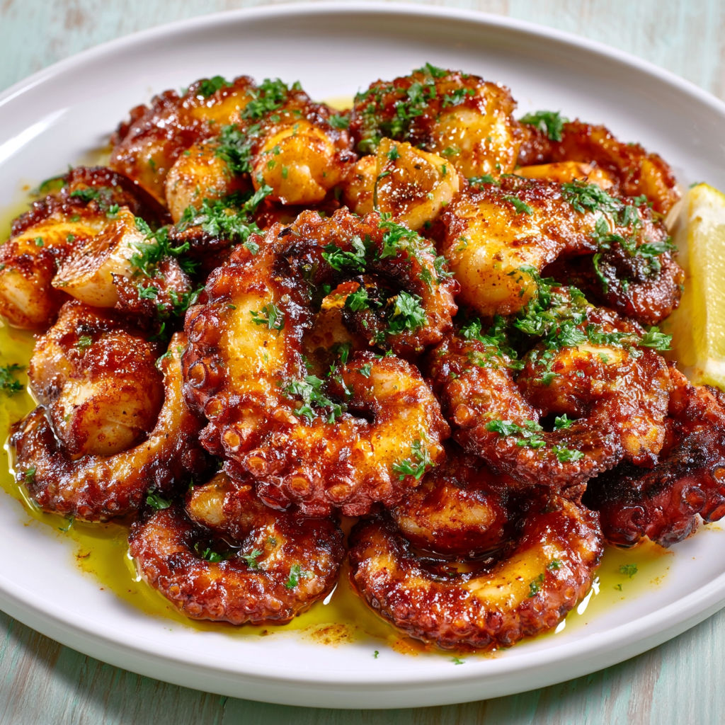 Poulpe Mariné à l’Ail et aux Épices, Saisi à la Poêle et Parfumé au Citron.