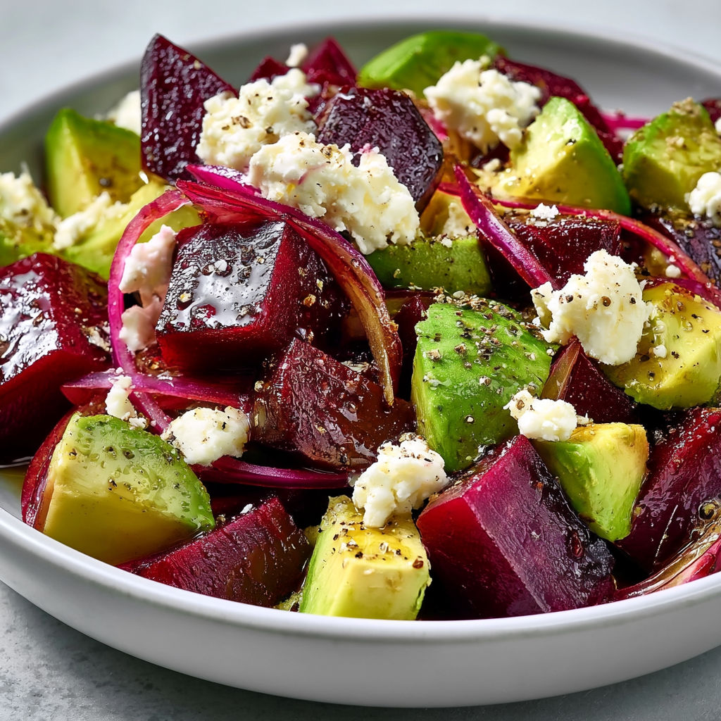 Salade de Betteraves, Avocat et Feta, Vinaigrette à l’Huile de Noix.