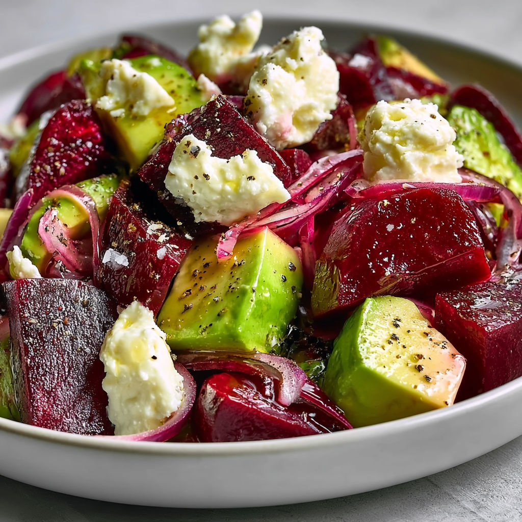 Salade Fraîche de Betteraves, Avocat et Feta, Assaisonnée à l’Huile de Noix.