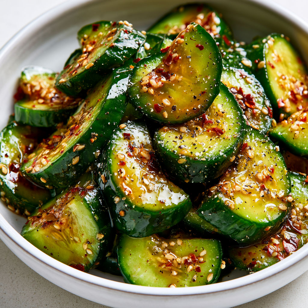 Une salade de concombre au sésame est servie dans un bol.