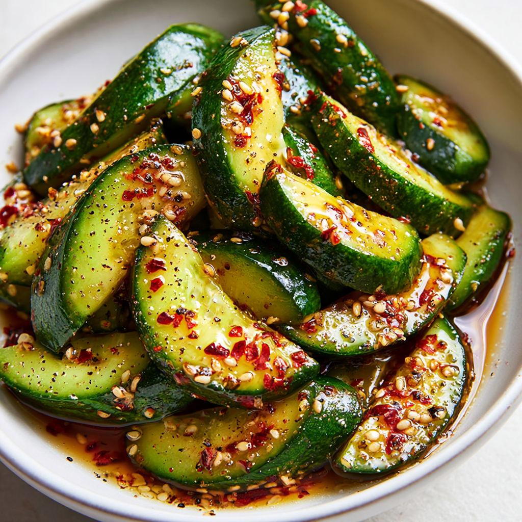 Salade de Concombre au Sésame Grillé, Vinaigrette au Miel et Huile de Sésame.