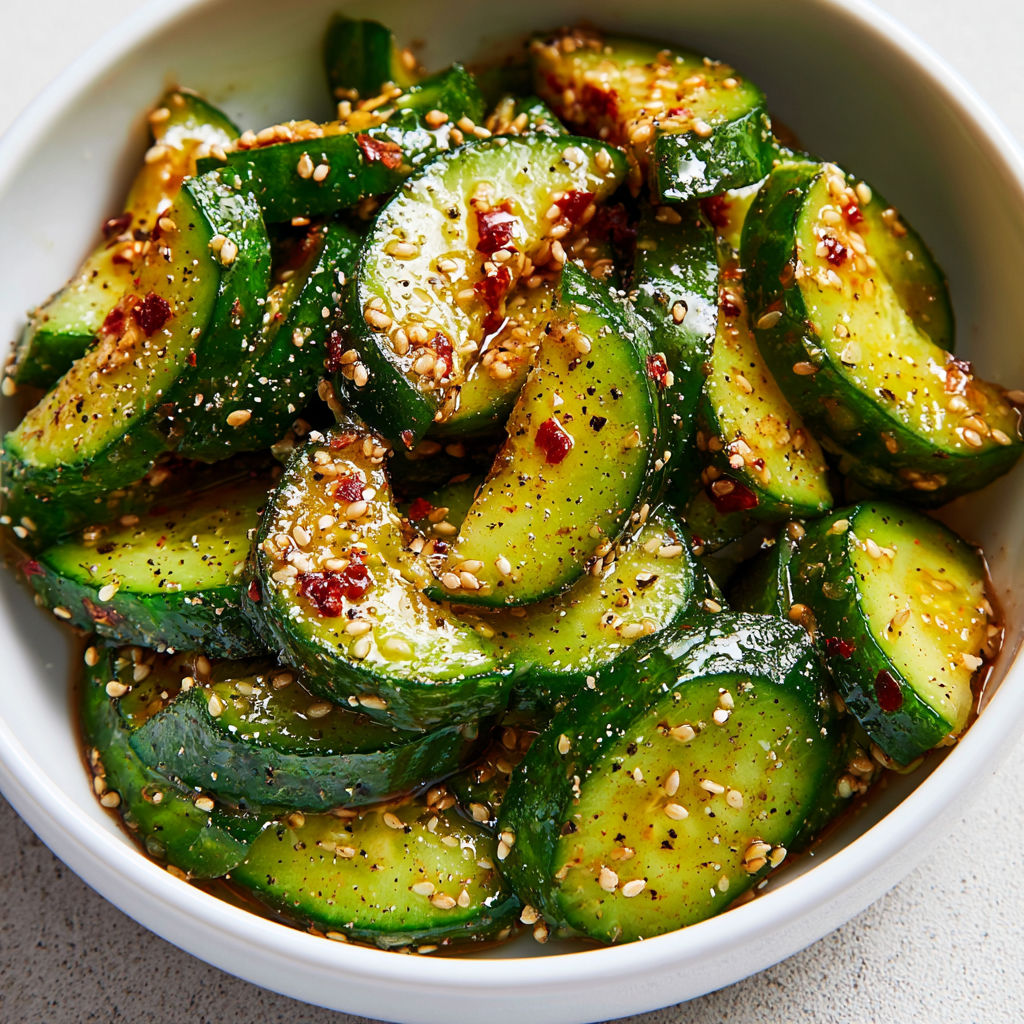 Salade Croquante de Concombre au Sésame, Vinaigre de Riz et Pointe de Piment.