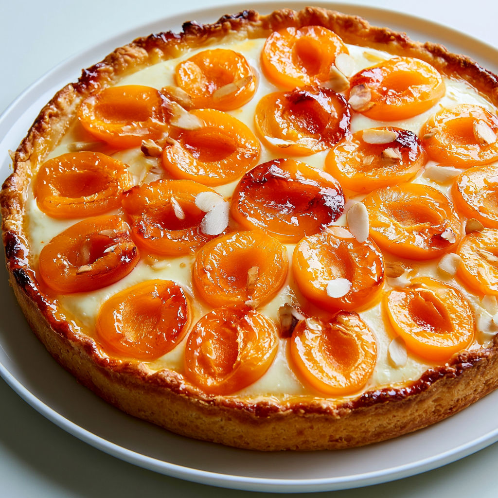 Tarte aux Abricots et Crème Pâtissière, Fond Sablé et Fruits Caramélisés.