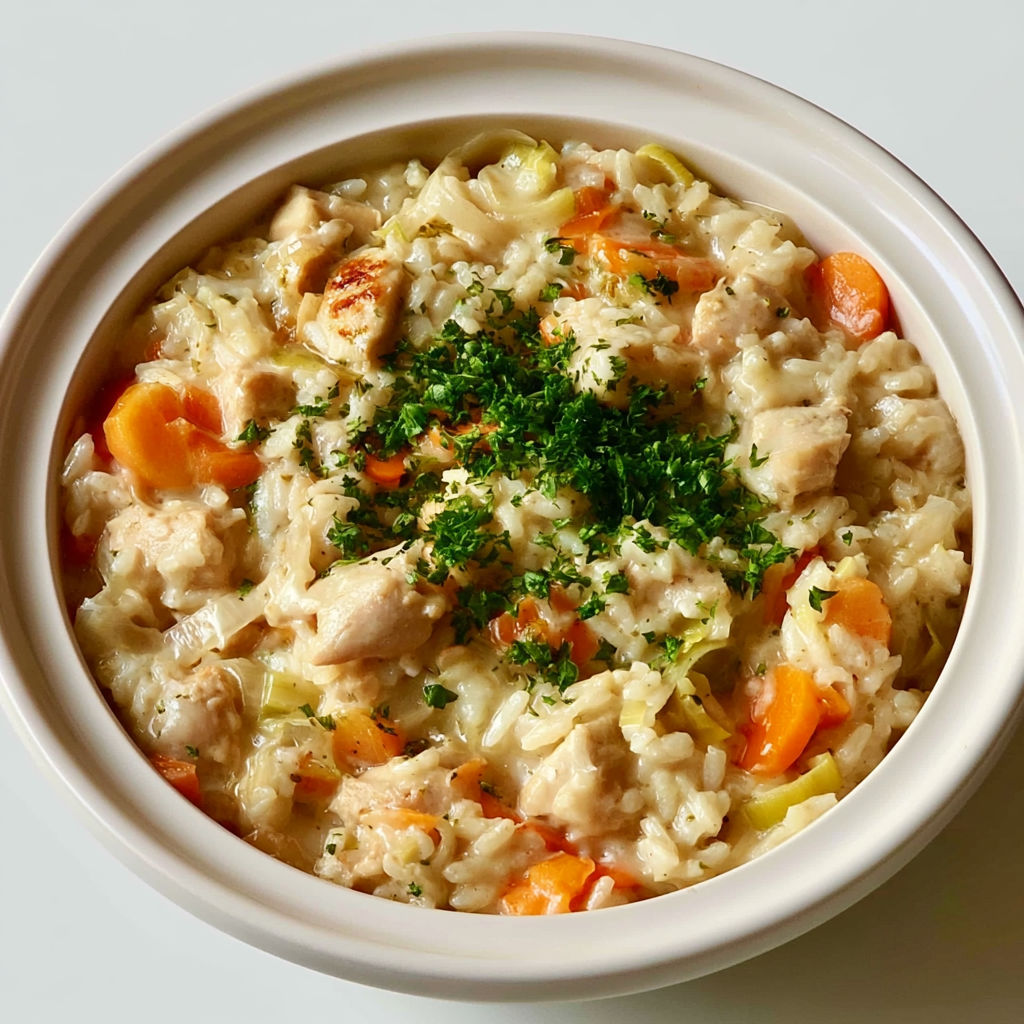 Poule au Riz Crémeuse aux Légumes Fondants.