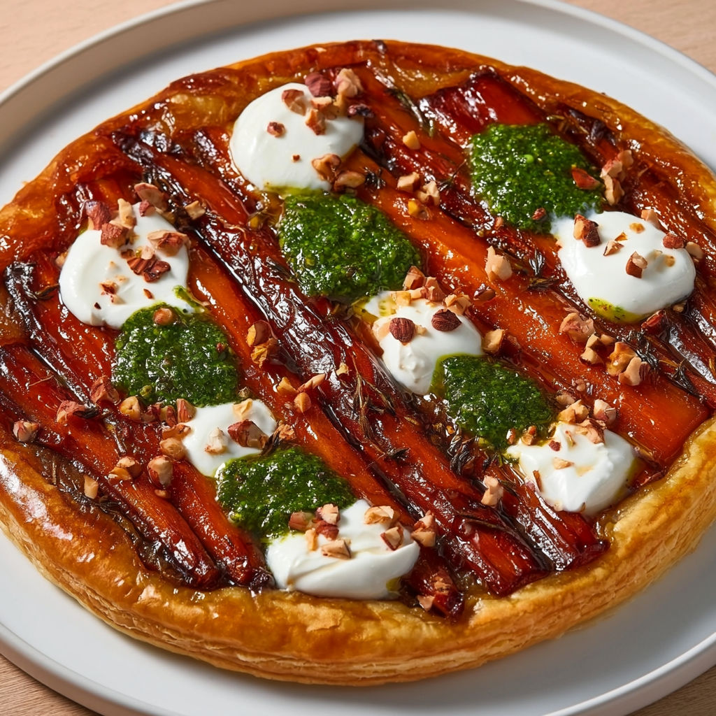 Une tarte aux carottes, pesto et stratticella, est servie sur un plateau.