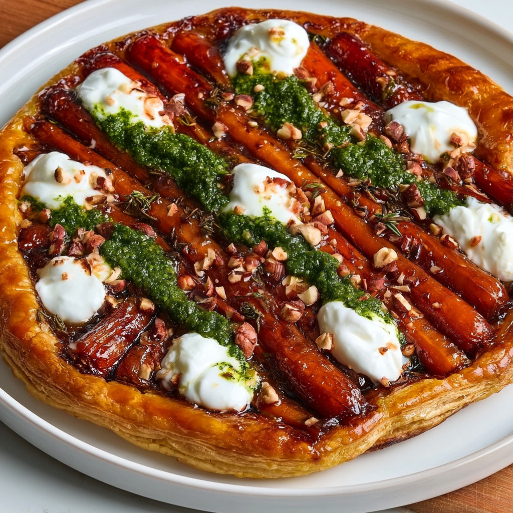 Tarte Tatin de Carottes Rôties, Pesto et Stracciatella.