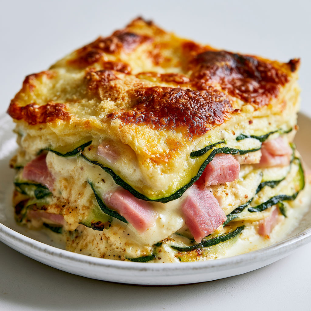 Un plat de lasagna de courgettes et jambon.