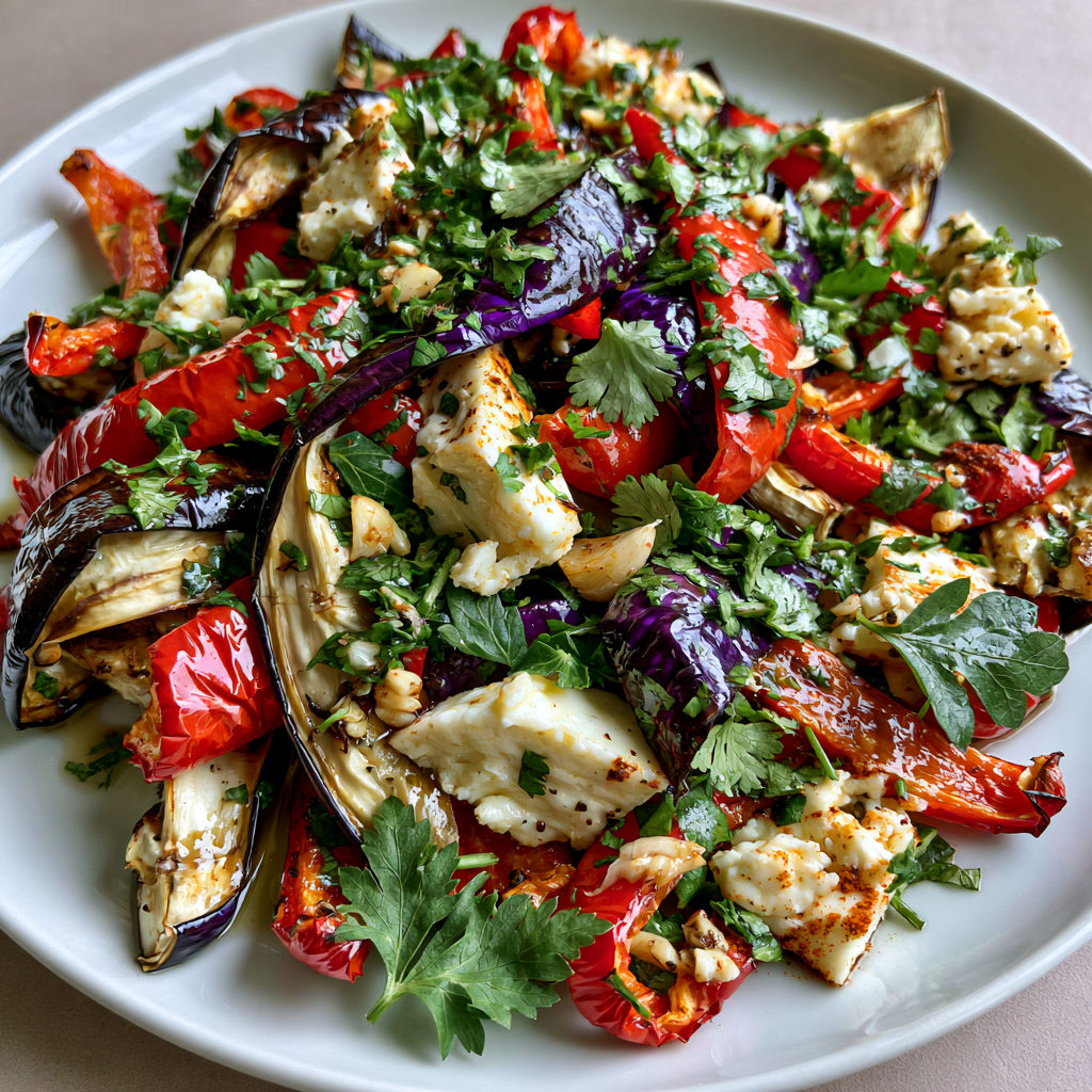 Salade Géorgienne aux Aubergines Rôties et Fromage.