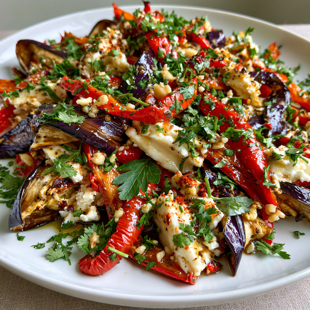 Salade Géorgienne Traditionnelle au Fromage, Aubergines et Herbes Fraîches.