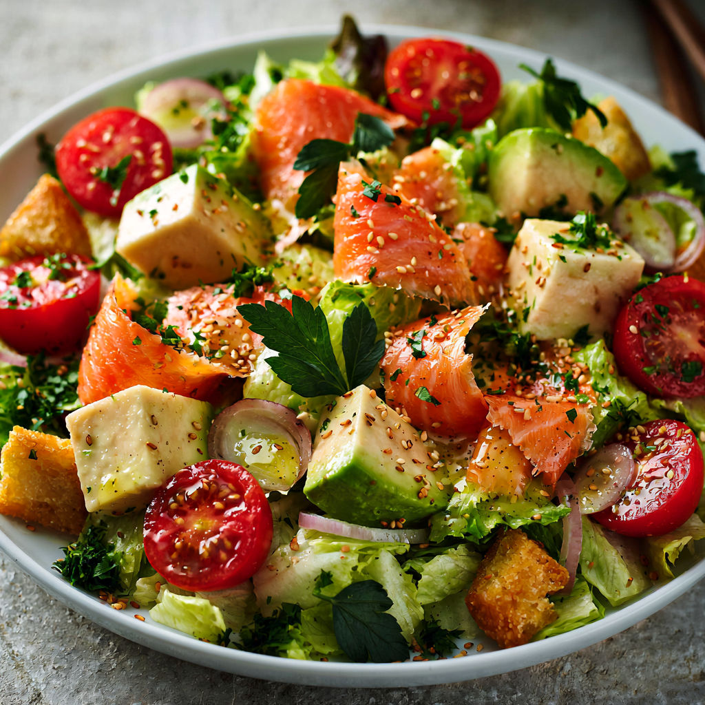 Une salade de saumon fumé, avocat et tomates cerises.