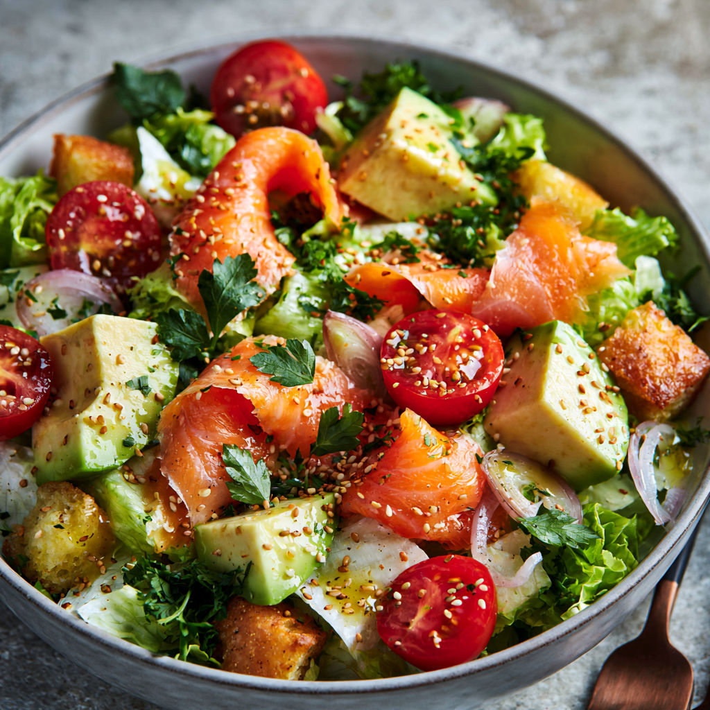 Salade Gourmande au Saumon Fumé, Avocat et Croûtons.