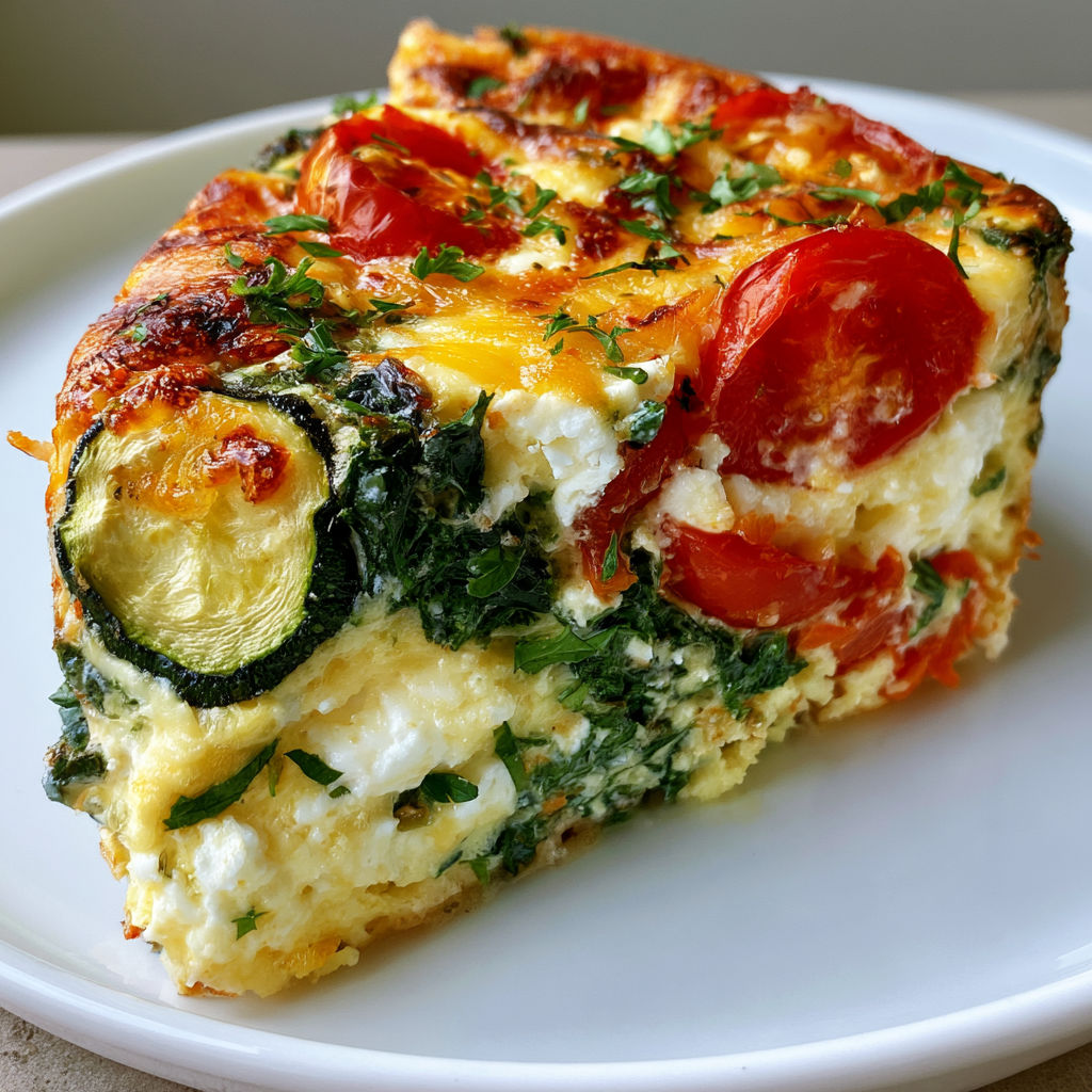 Une quiche sans pâte d'été aux courgettes, épinards et tomates.
