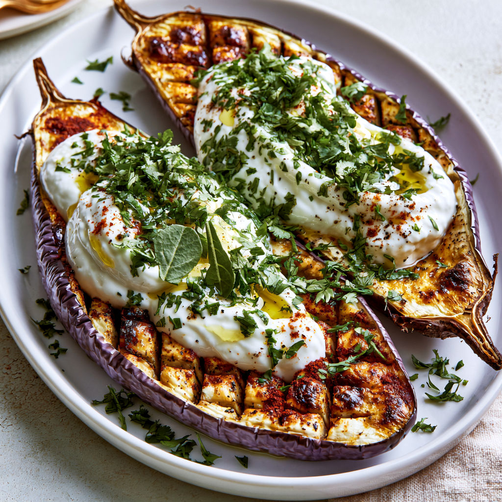 Une aubergine rôtie au four avec une sauce onctueuse.