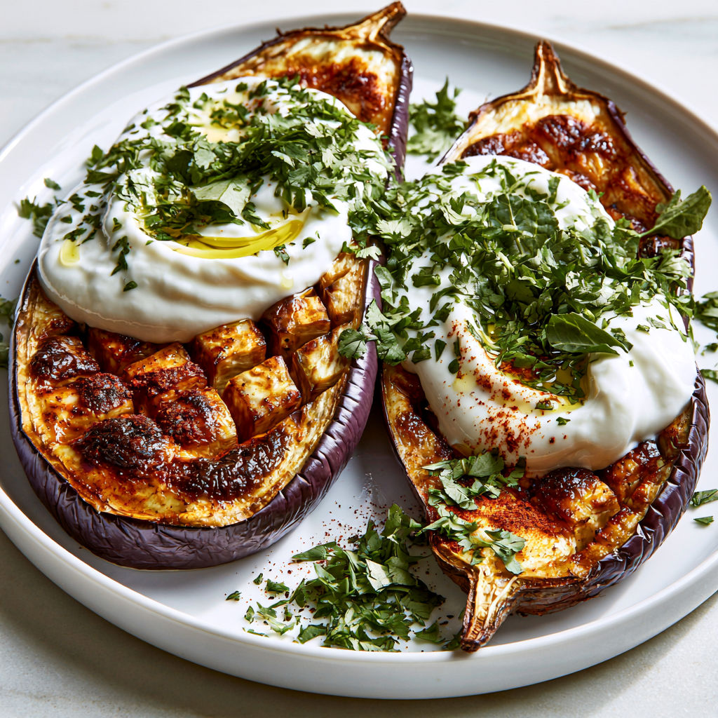 Aubergines Rôties au Four, Sauce au Yaourt et Citron.