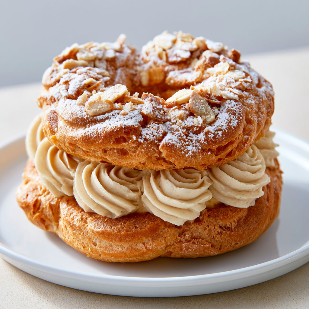 Une délicieuse tarte à la crème pralinée, appelée Paris-Brest