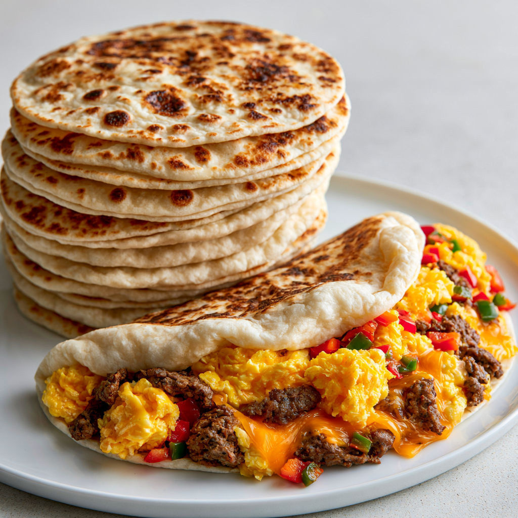 Une pile de tortillas de farine maison est servie sur un plateau avec une sauce au fromage et des légumes.