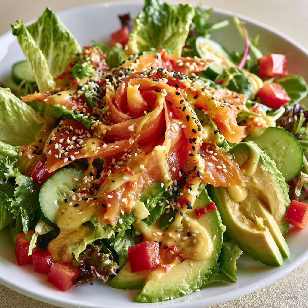 Une salade de saumon fumé et d'avocat, garnie de tomates et de cucumbers.