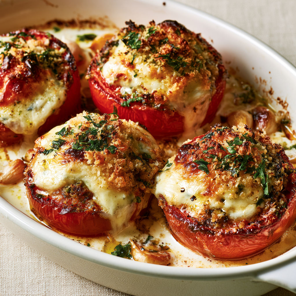 Tomates Fondantes au Four, Crème Aillée et Croûte Croustillante.