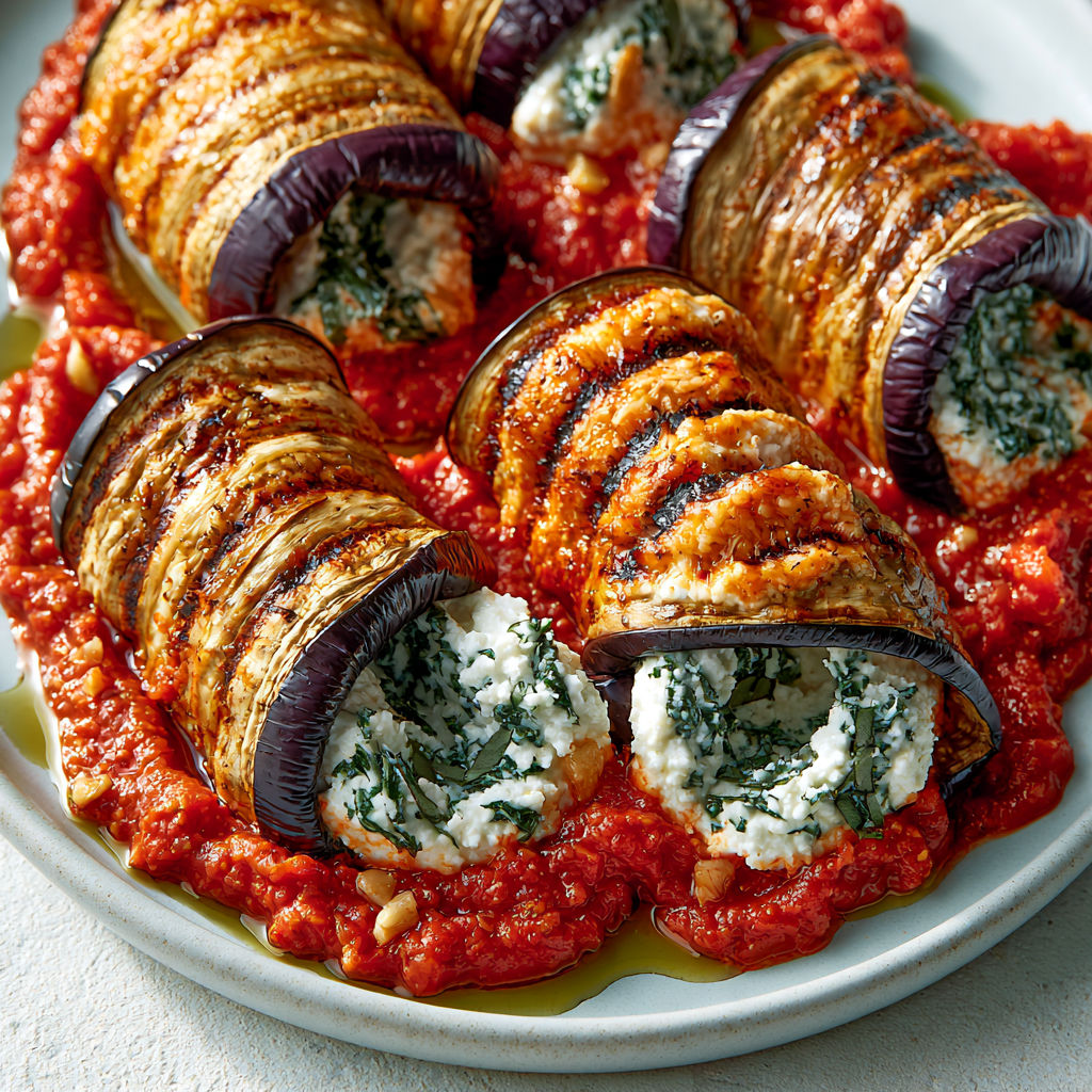 Roulés d'aubergines fondants à la ricotta et basilic, servis sur un plateau.