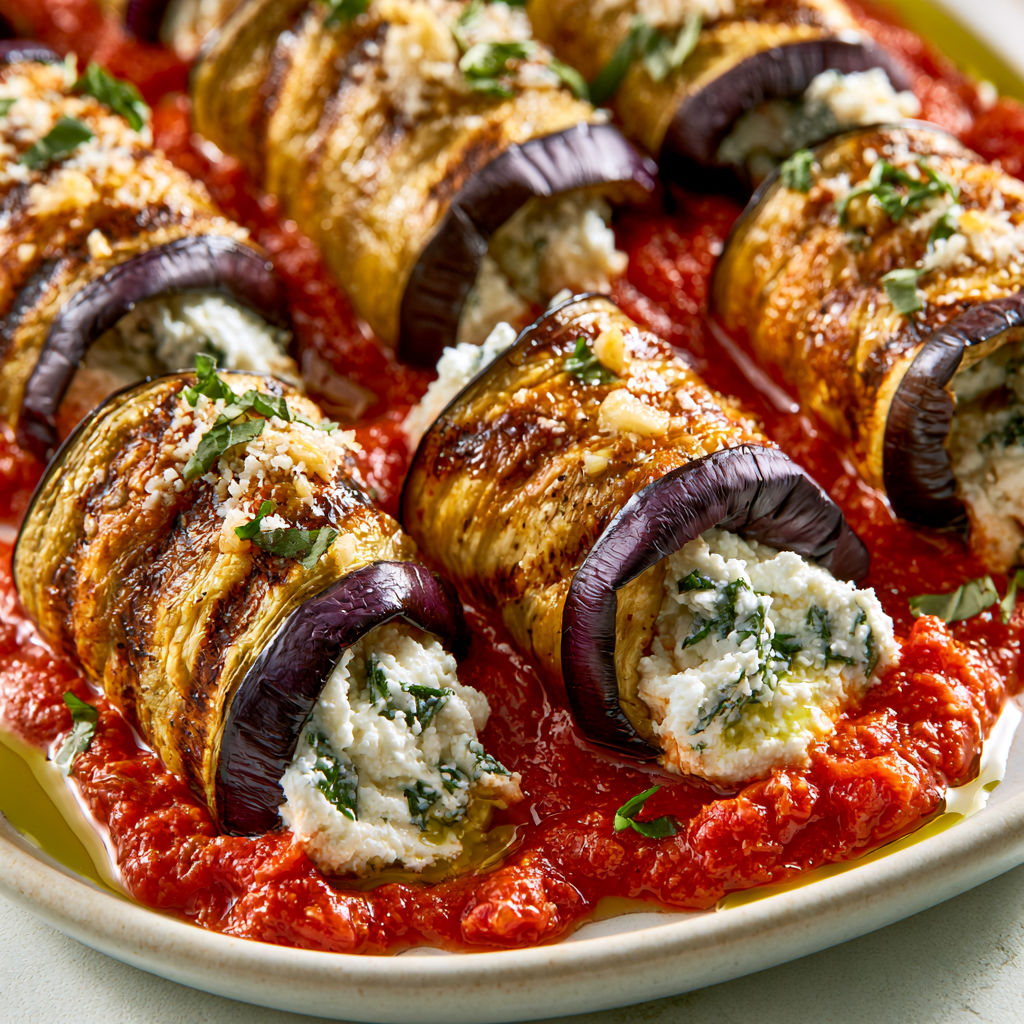 Une recette de Roulés d’Aubergines à la Ricotta, Basilic et Coulis de Tomate.