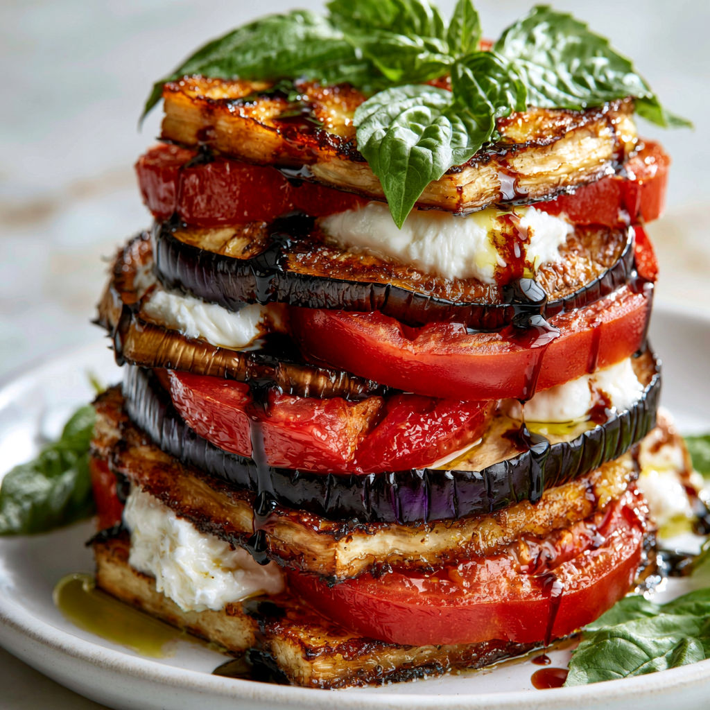Une pile de légumes grillés, y compris des aubergines, est servie sur un plateau avec une sauce balsamique.