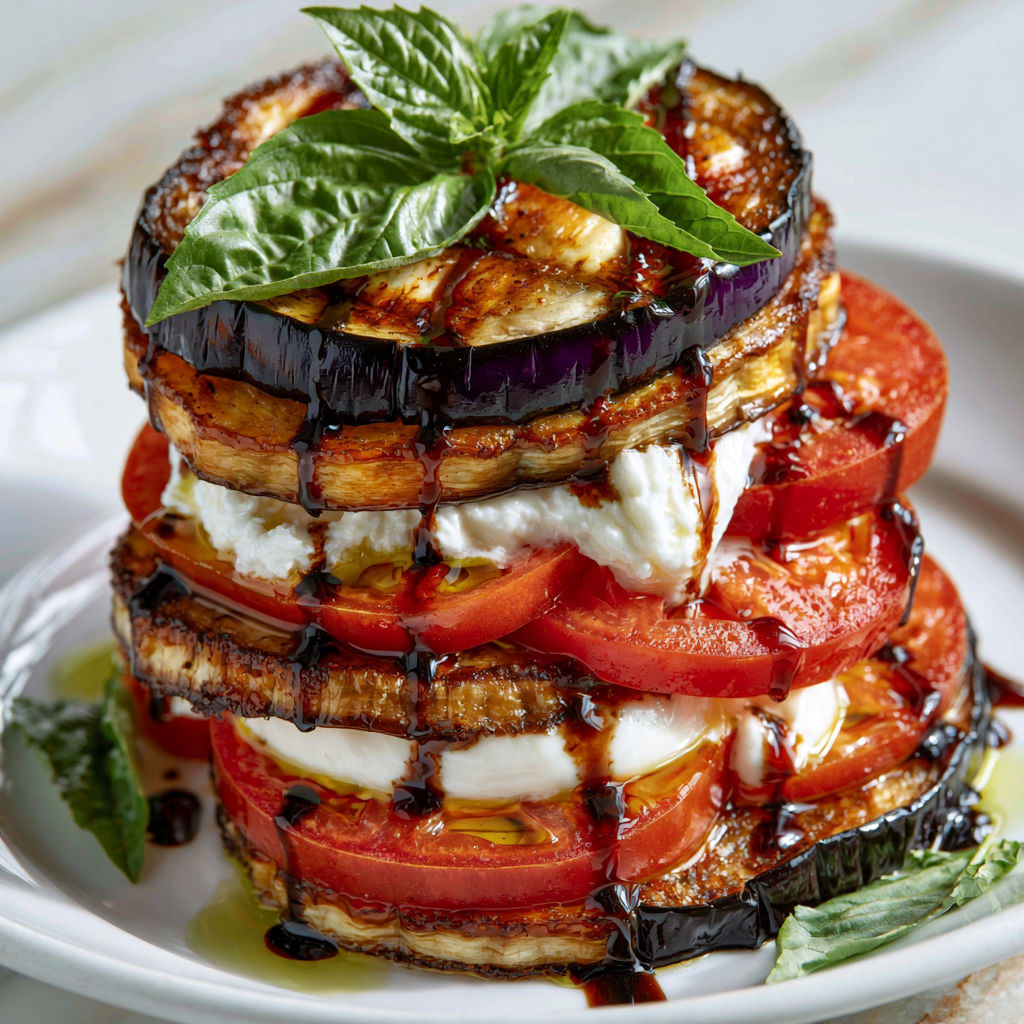 Millefeuille d’Aubergines, Burrata et Tomates à la Méditerranéenne.