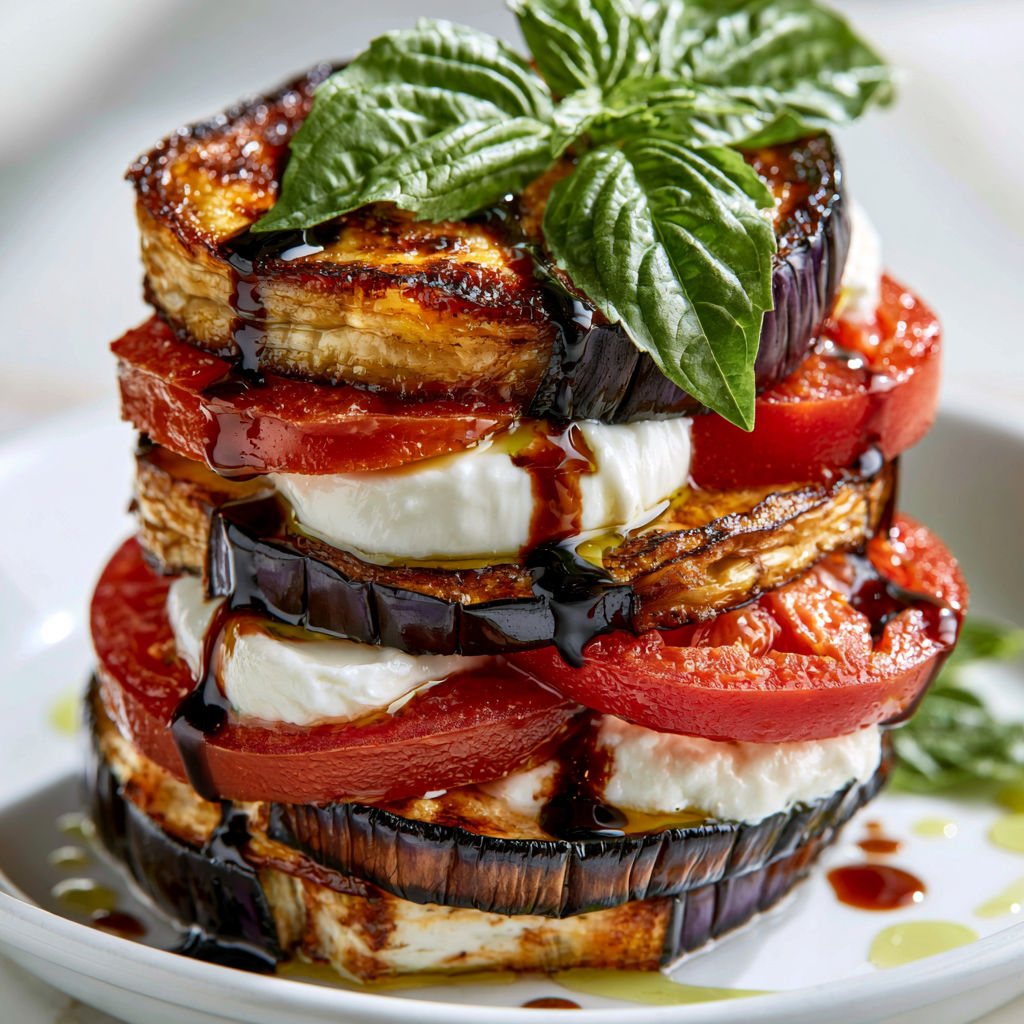 Millefeuille Méditerranéen aux Aubergines Fondantes et Burrata.