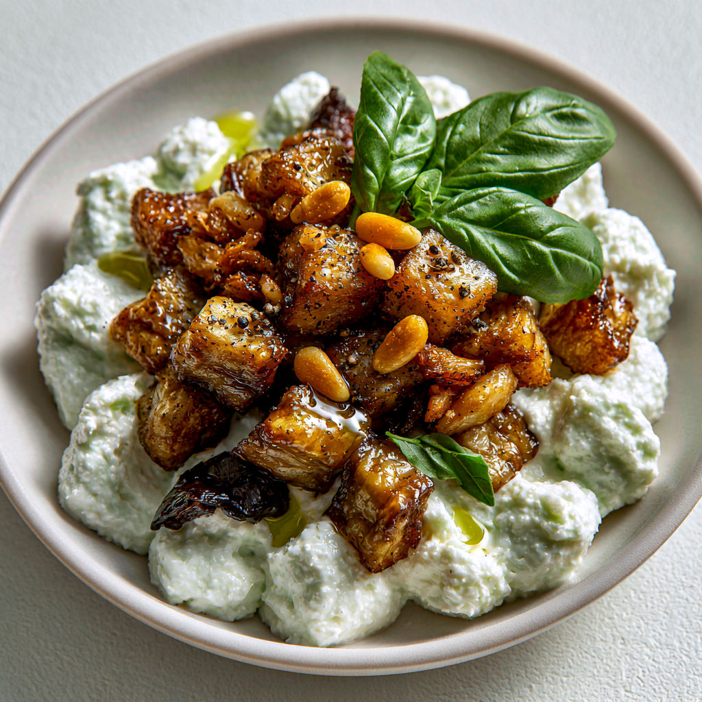 Mousse de Feta au Basilic et Aubergines Rôties.