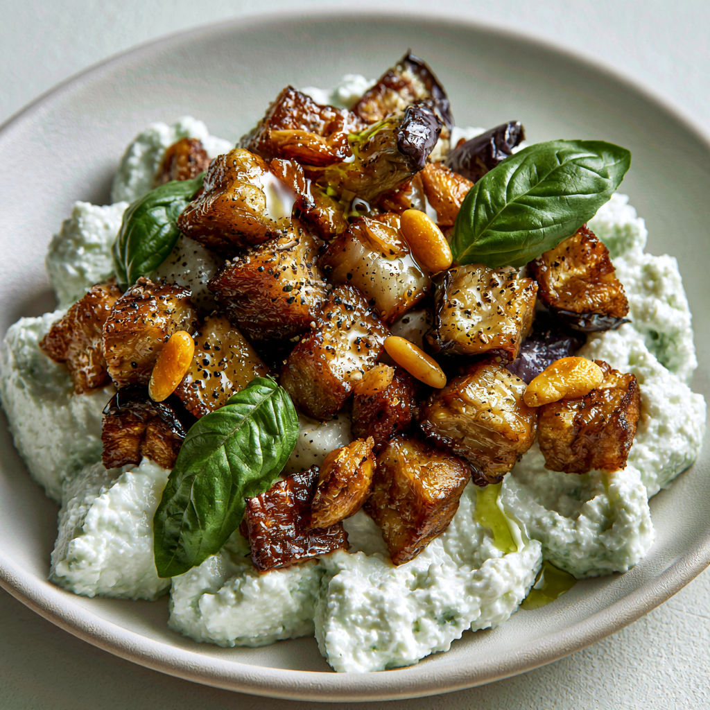 Mousse de Feta Crémeuse aux Aubergines Rôties et Pignons de Pin.