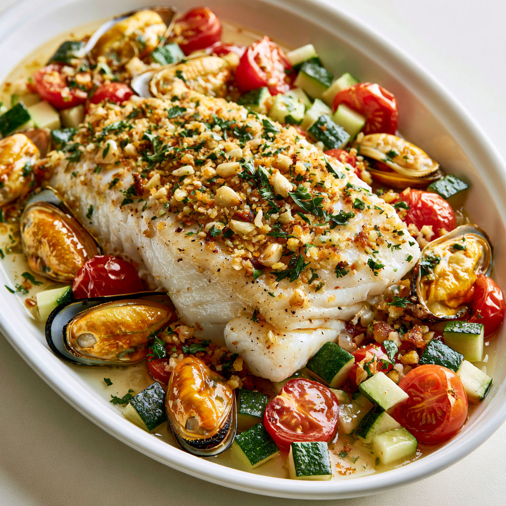 Un plat de poisson avec des tomates, courgettes et moules, accompagné de herbes.