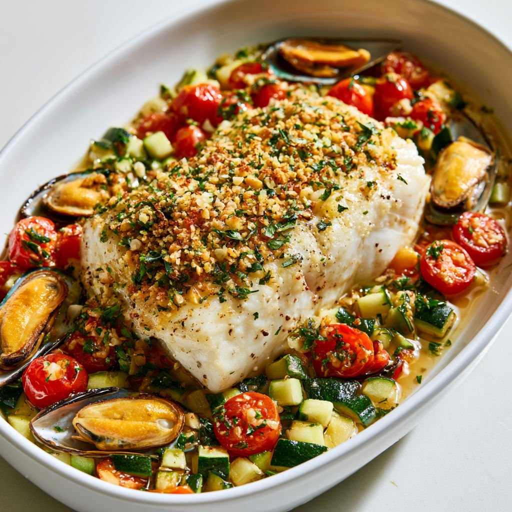 Ce filet de poisson aux moules, courgettes et tomates est le repas estival parfait.