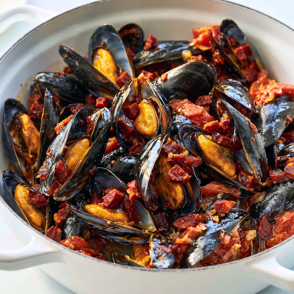 Une casserolemoules au chorizo relevées au piment d'Espelette.