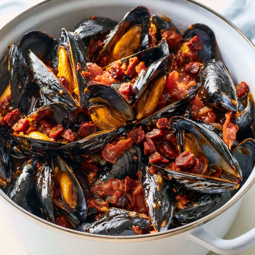 Une casserole des moules au chorizo épicées, prêtes en quelques minutes seulement.