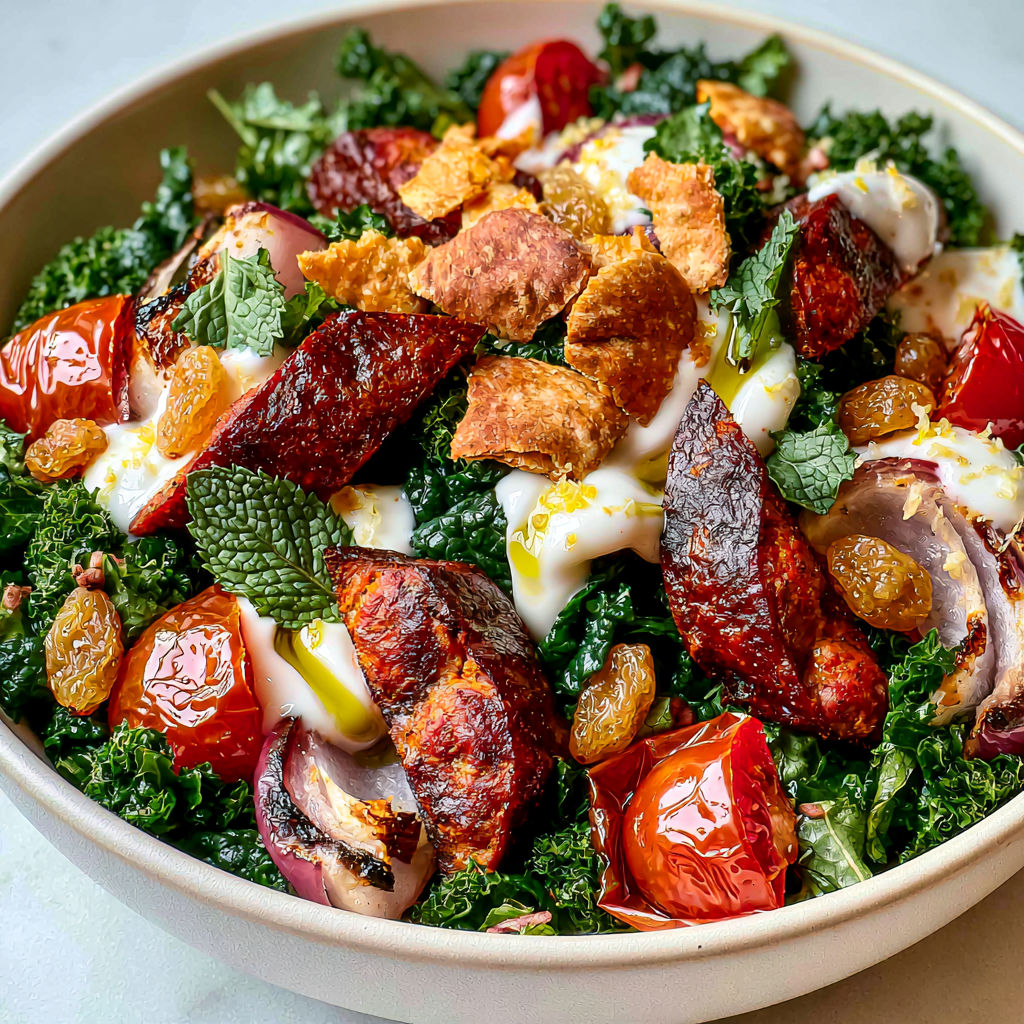 Merguez rôties, kale et tomates : la salade gourmande qui change des classiques.